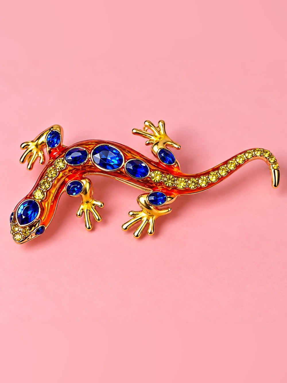 Decorative Red & Gold Gecko Brooch with Blue and Yellow Crystals